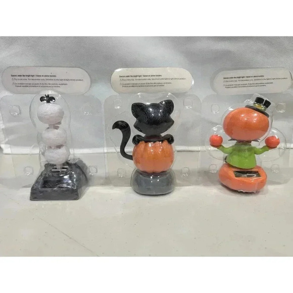 Lot of 3 Solar Powered Dancing Bobble Head Hallowee Pumpkin Cat Skeleton‎ Heads - Picture 2 of 13